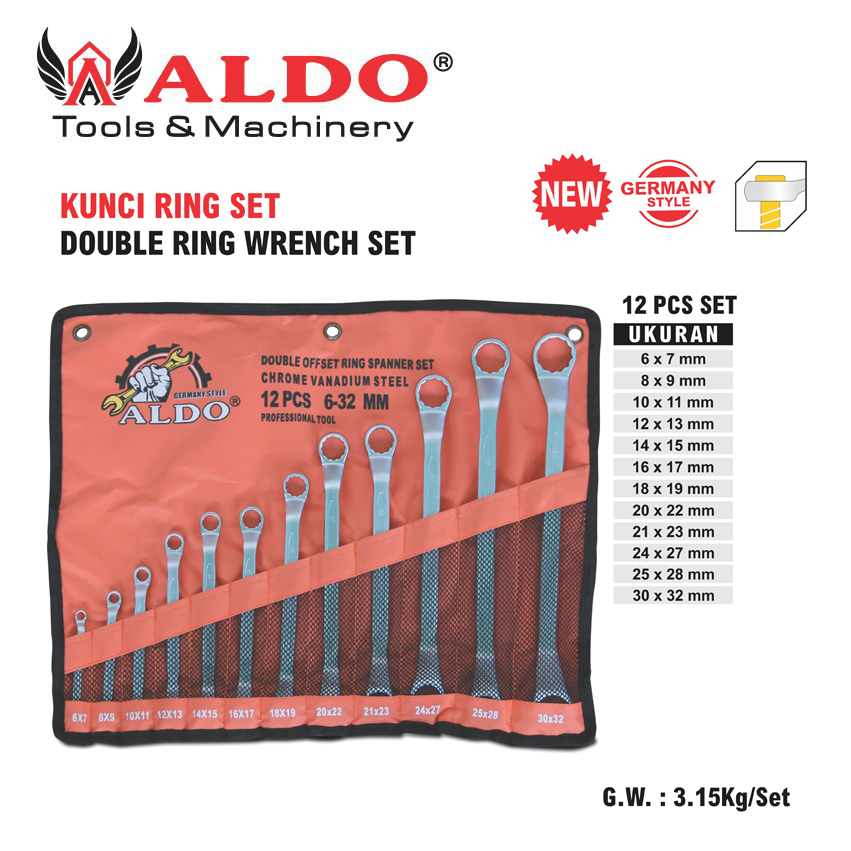 KUNCI RING SET GERMANY STYLE 12 PCS 6 ~ 32 MM MERK ALDO