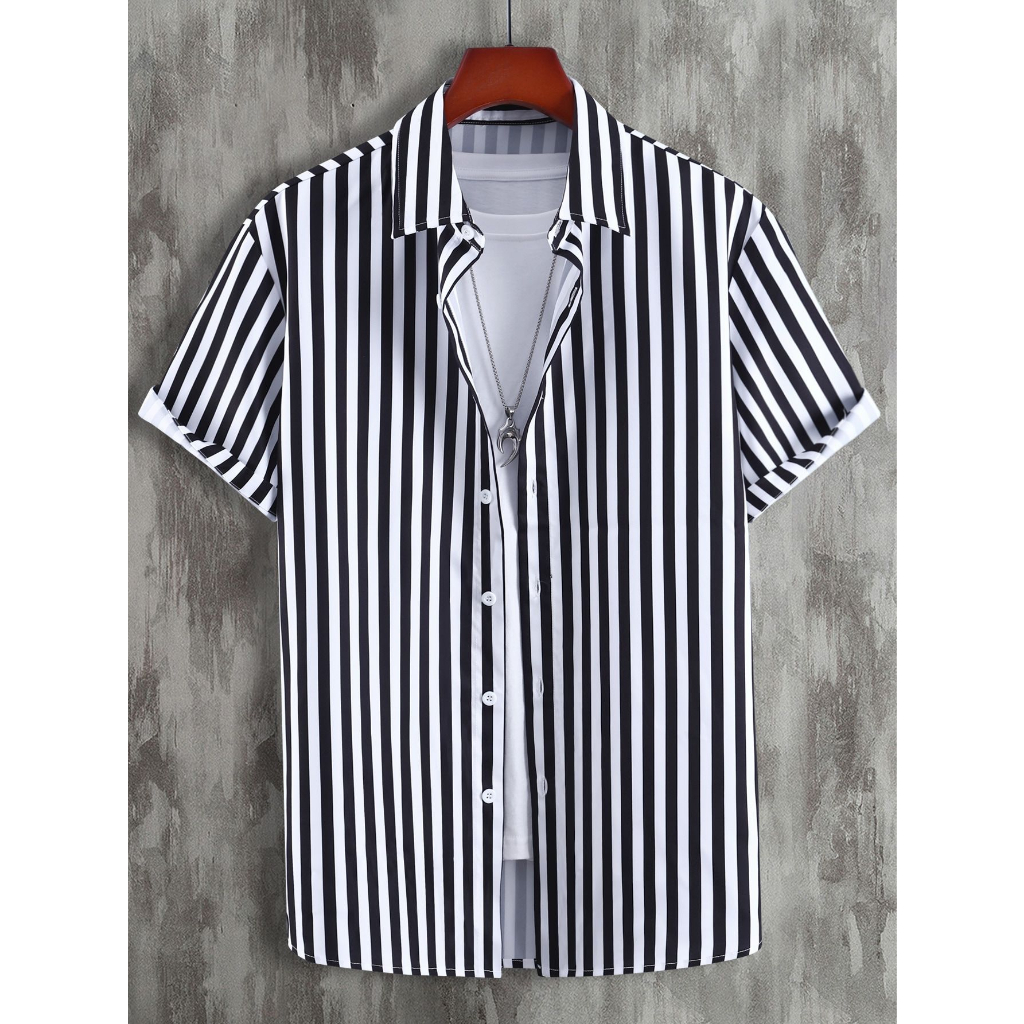 Kemeja Pria Stripe Salur Hitam Putih Lengan Pendek Casual