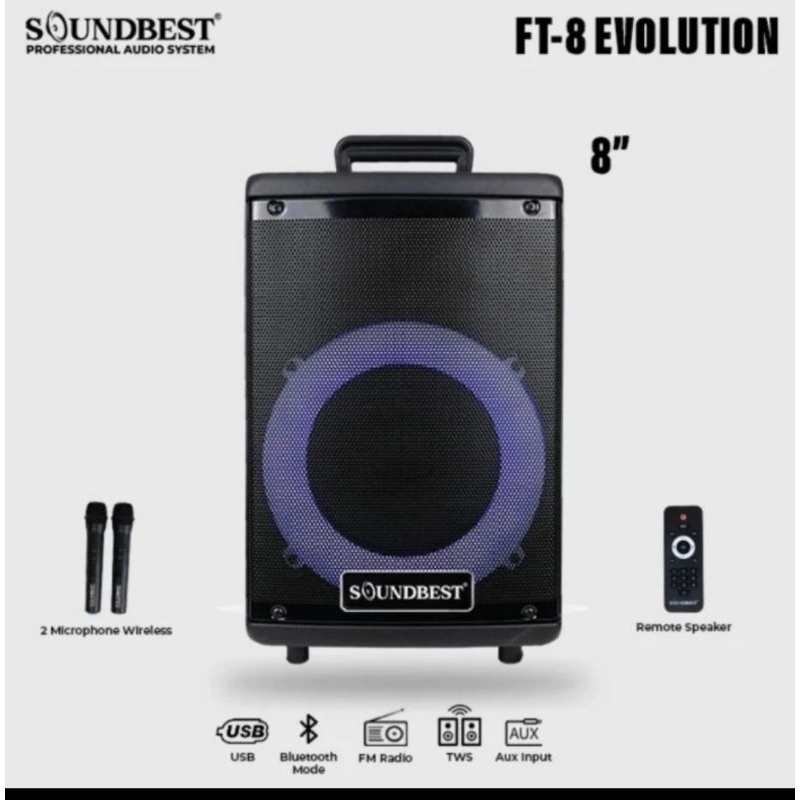 Speaker bluetooth portable Soundbest FT 8 Evo FT-8 Evolution FT8 8 Inchi aktiv Dual Mic Wireless