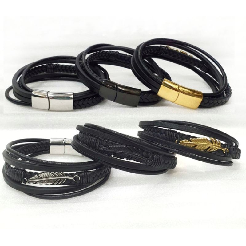 Gelang Kulit Cowok Stainless Leather / Gelang