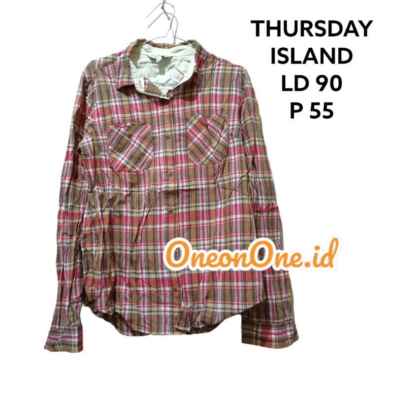 THURSDAY ISLAND Atasan Kemeja kotak kotak coklat merah lengan panjang preloved A40