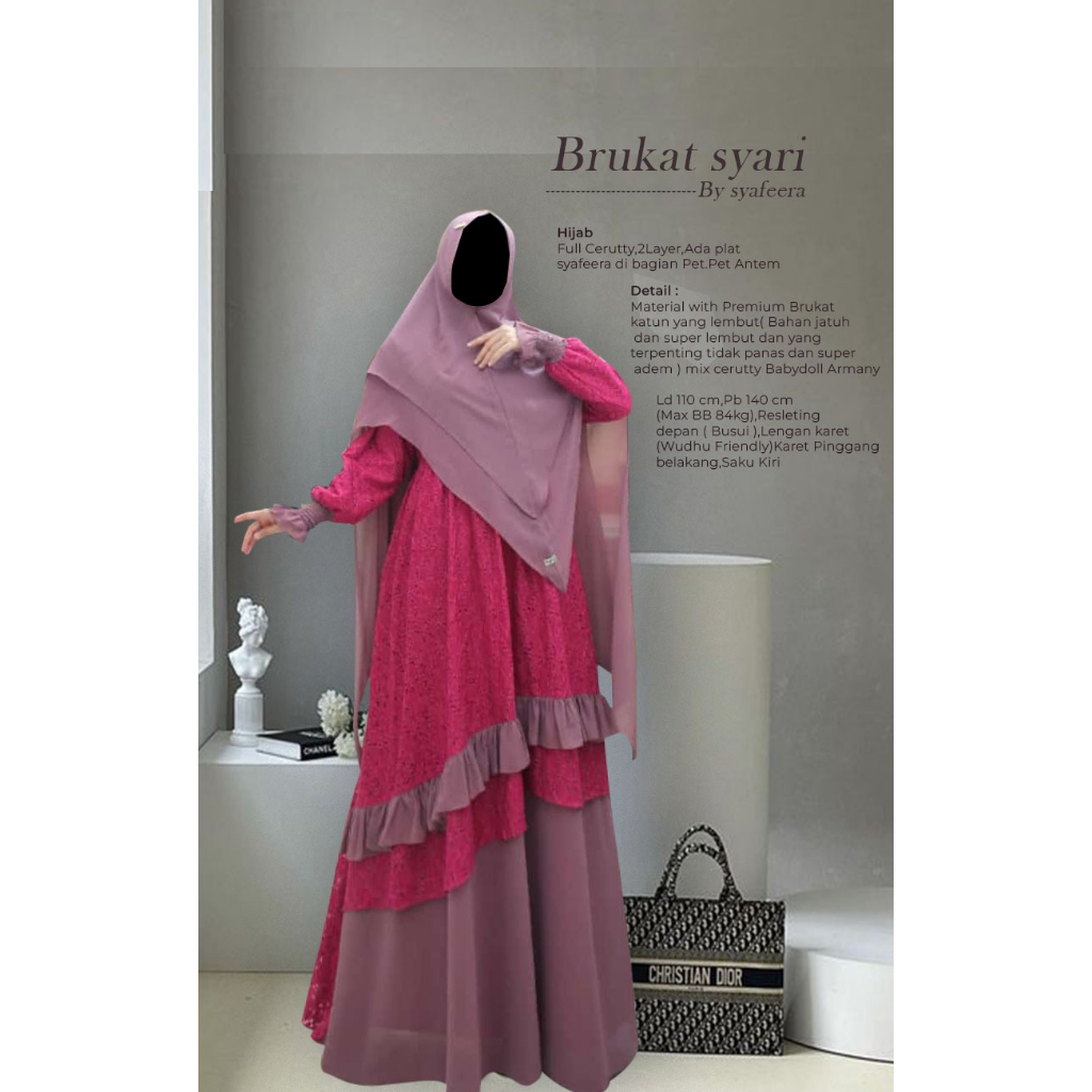 GAMIS SYARI BRUKAT BY SYAFEERA SET KHIMAR | BAHAN PREMIUM BRUKAT KATUN UKURAN ALLSIZE MURAH TERBARU