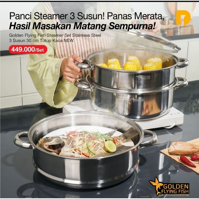 Golden Fish Flying Set Panci Steamer Tutup Kaca 3 susun