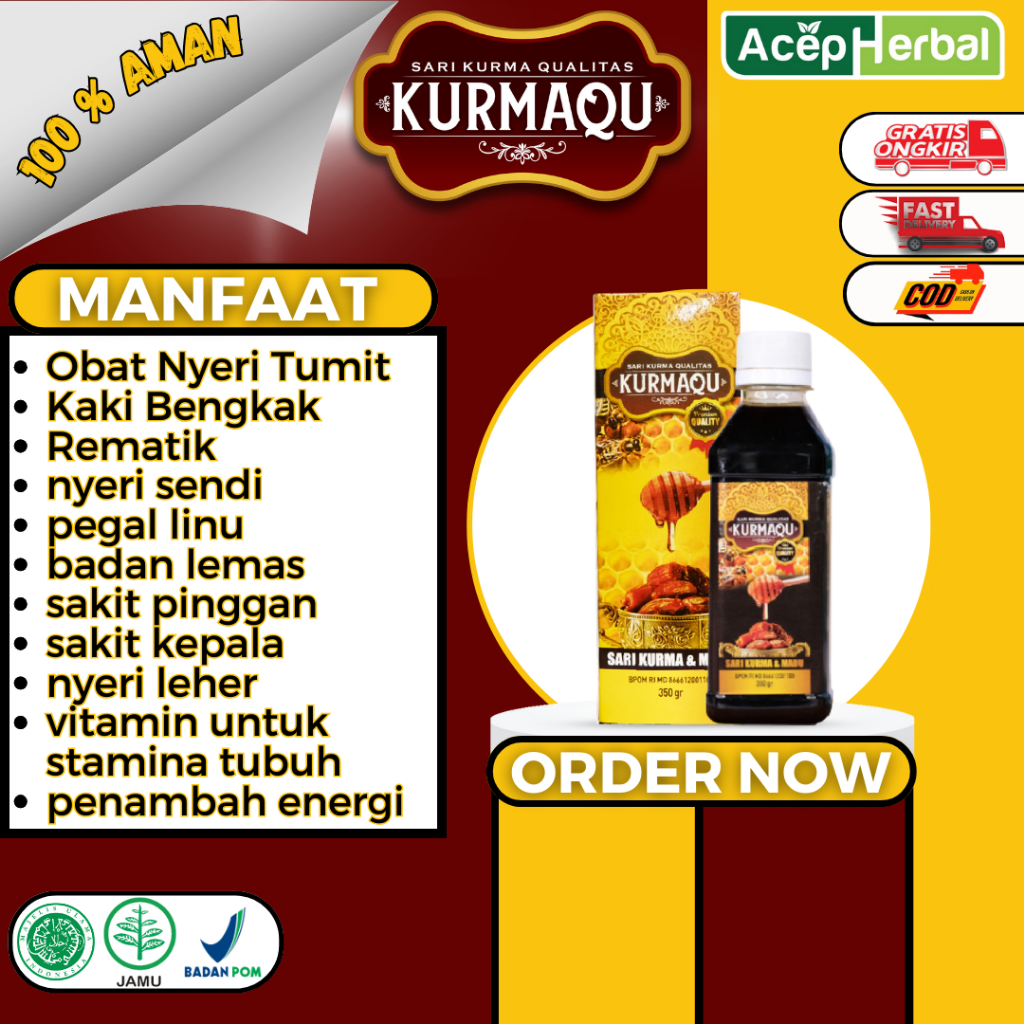 

Obat Nyeri Tumit,Kaki Bengkak,Rematik,nyeri sendi,pegal linu,badan lemas,sakit pinggan,sakit kepala,nyeri leher,vitamin untuk stamina tubuh,penambah energi dengan Kurmaqu Madu Asli Dan Sari Kurma