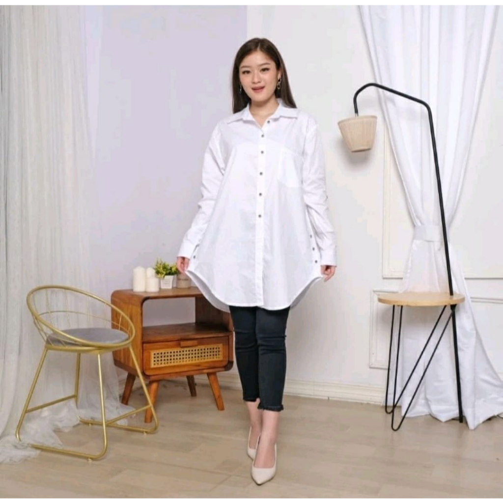 Tunik kemeja lengan panjang putih polos / Kemeja tunik lengan panjang / Kemeja wanita lengan panjang