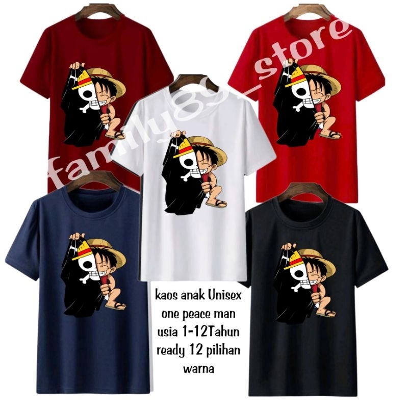 Baju kaos Distro anak Cowok Cewek ONE Piece man tengkorak//Atasan kaos anak Lufy usia 1-12Tahun
