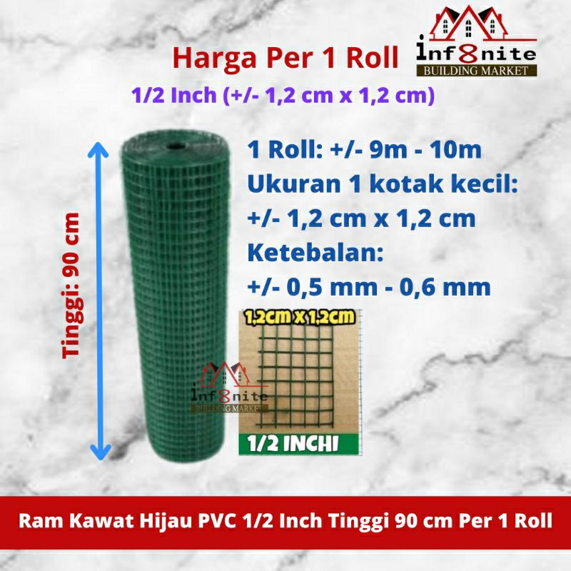Ram Kawat Loket Hijau Pvc 90 Cm x 1/2 Inch Ayakan Kandang 1/2" 1 Roll