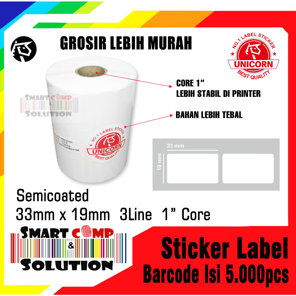 

Stiker Label Barcode Semicoated 33X19 mm / 33x19mm / 33 x 19 mm 3 Line Core 1 Inch Isi 5000pcs