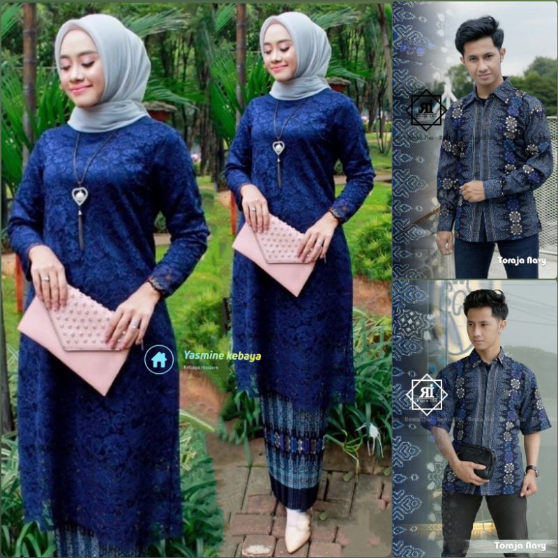 Couple Kebaya Tunik Brukat Set Kemeja Batik Pria Motif Toraja Navy / Couple Kebaya Sarimbit Keluarga