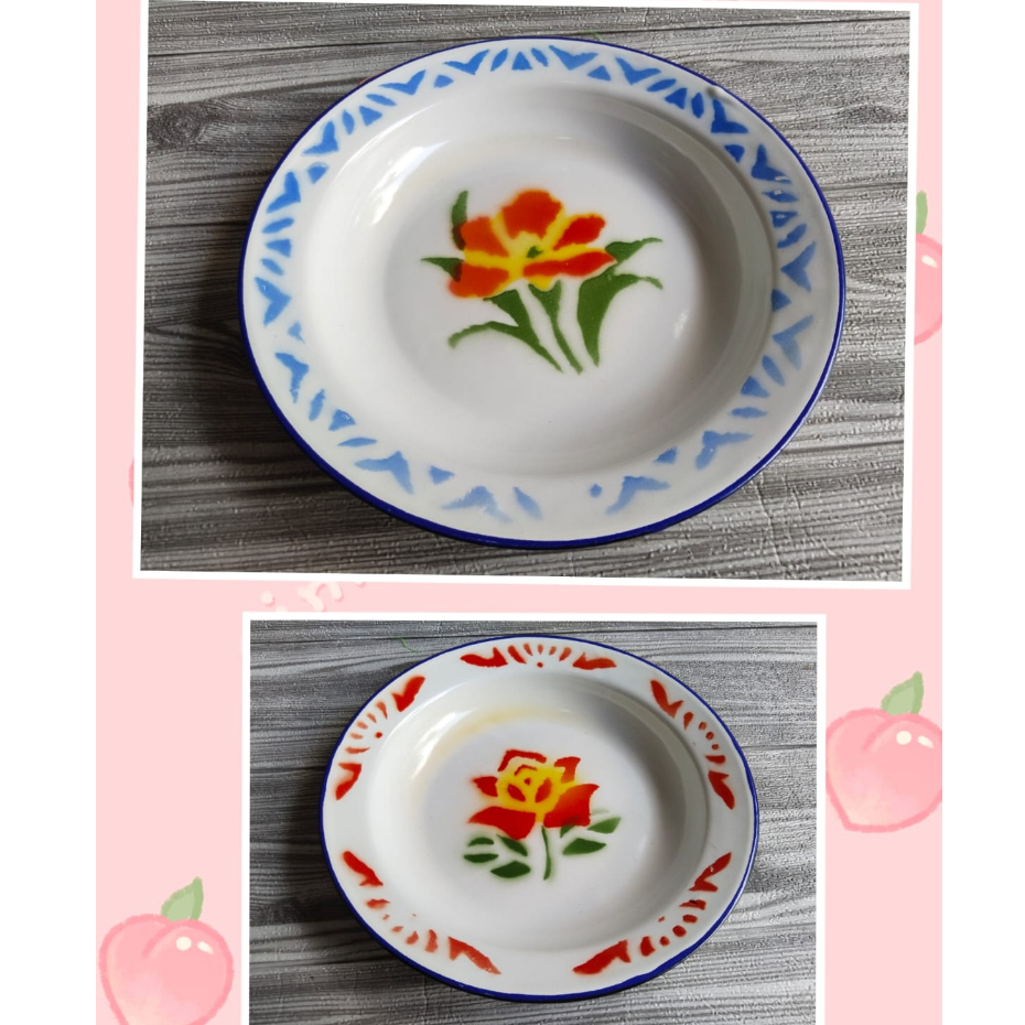 Piring Seng Enamel Motif Jadul Vintage Bunga Mawar