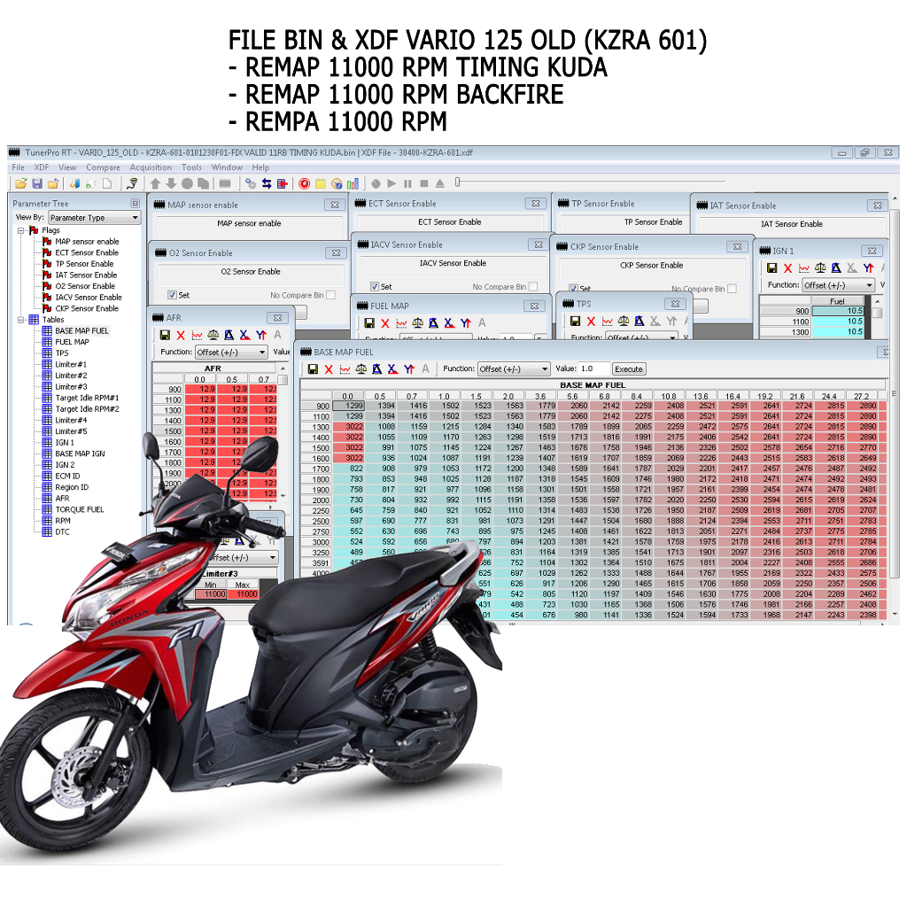 REMAP VARIO 125 OLD 11000 RPM  KZR 601 FILE BIN & XDF REMAP TIMING KUDA VARIO 125 OLD
