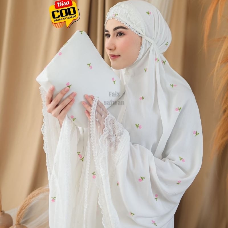 MUKENA DEWASA KATUN PARIS RAYON SUSUN KALUNG DUA ORIGINAL PRADA PENGANTIN PREMIUM MEWAH RENDA TILE  