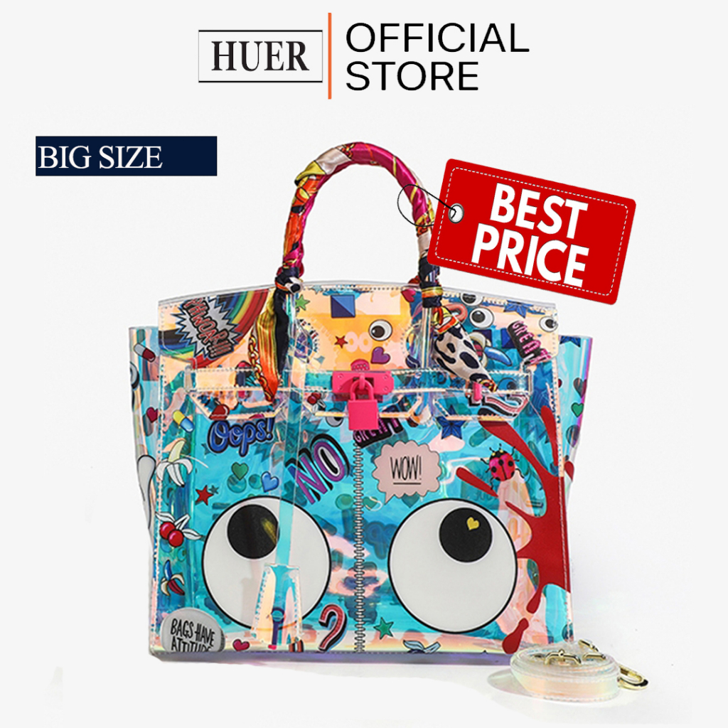 HUER ~ Tas Wanita Lodhye Eye Theme Printed Hologram Tote Bag 9454-118White
