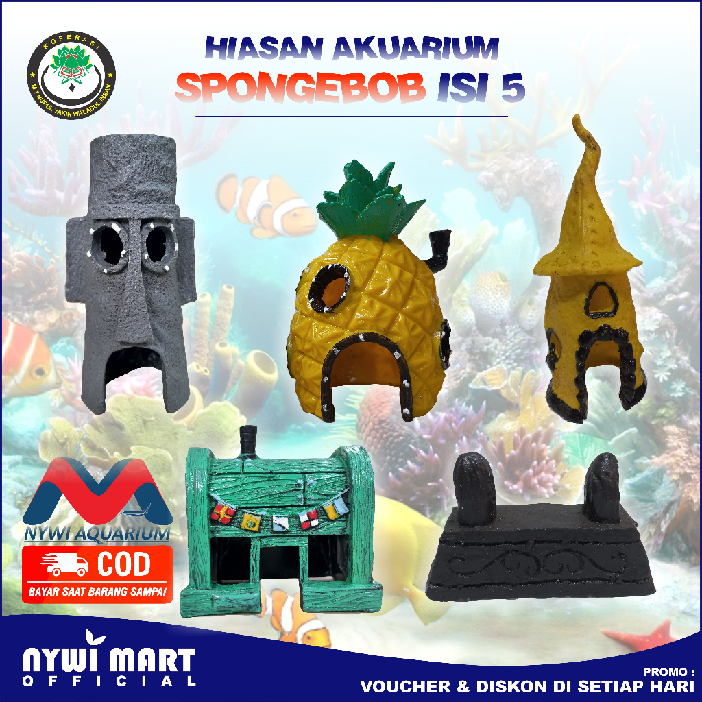 ( ISI 5 ) Hiasan Aquarium resin kuburan jamur tuan crab squidward miniatur kartun spongebob cocok un