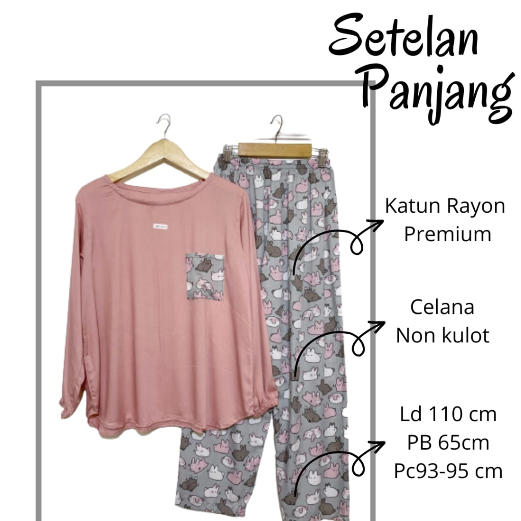Baju Tidur Piyama Wanita Rayon Bali Lengan Panjang Atasan Polos Celana Motif Kotak