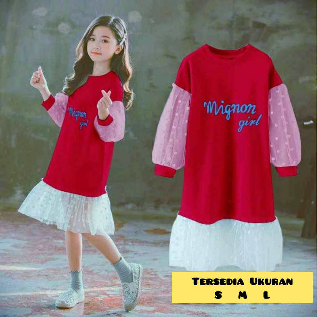 Dress Anak Korean Style Umur 2-12 Tahun Model Tangan Balon Tile Gliter Manik Lengan Panjang Midi Dre