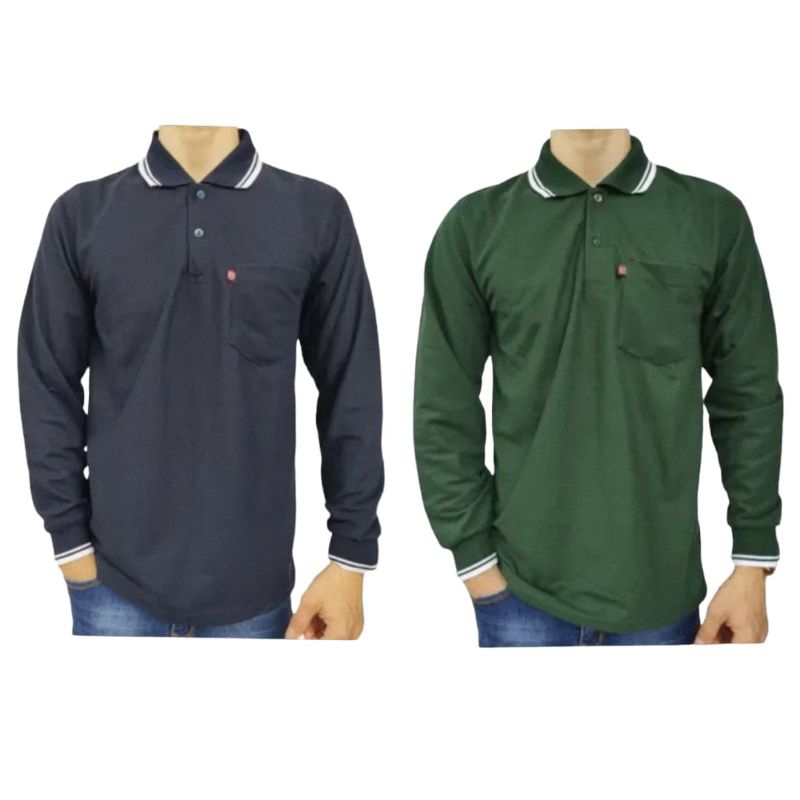 Kaos Krah Lengan Panjang Pria Dewasa Polo Shirt SAKU Depan / Kaos Polo Polos Lengan Panjang Abu biru