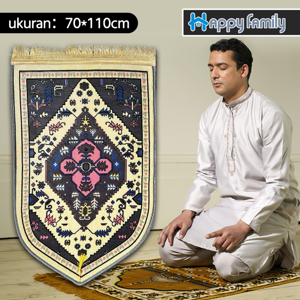 Happy Family Sajadah Turki Anti Slip Super Premium UK 70*110cm / Sajadah Sholat Bulu Motif Premium Import-Abuabu 6876-2-5