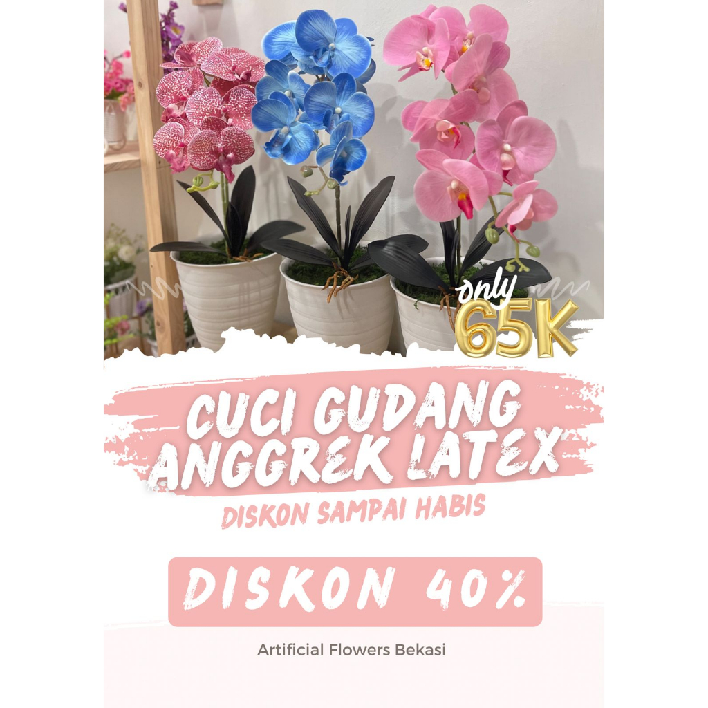 {CUCI GUDANG} Bunga anggrek latex x 1 + pot pirus 20 anggrek artificial palsu Rangkaian anggrek LATE