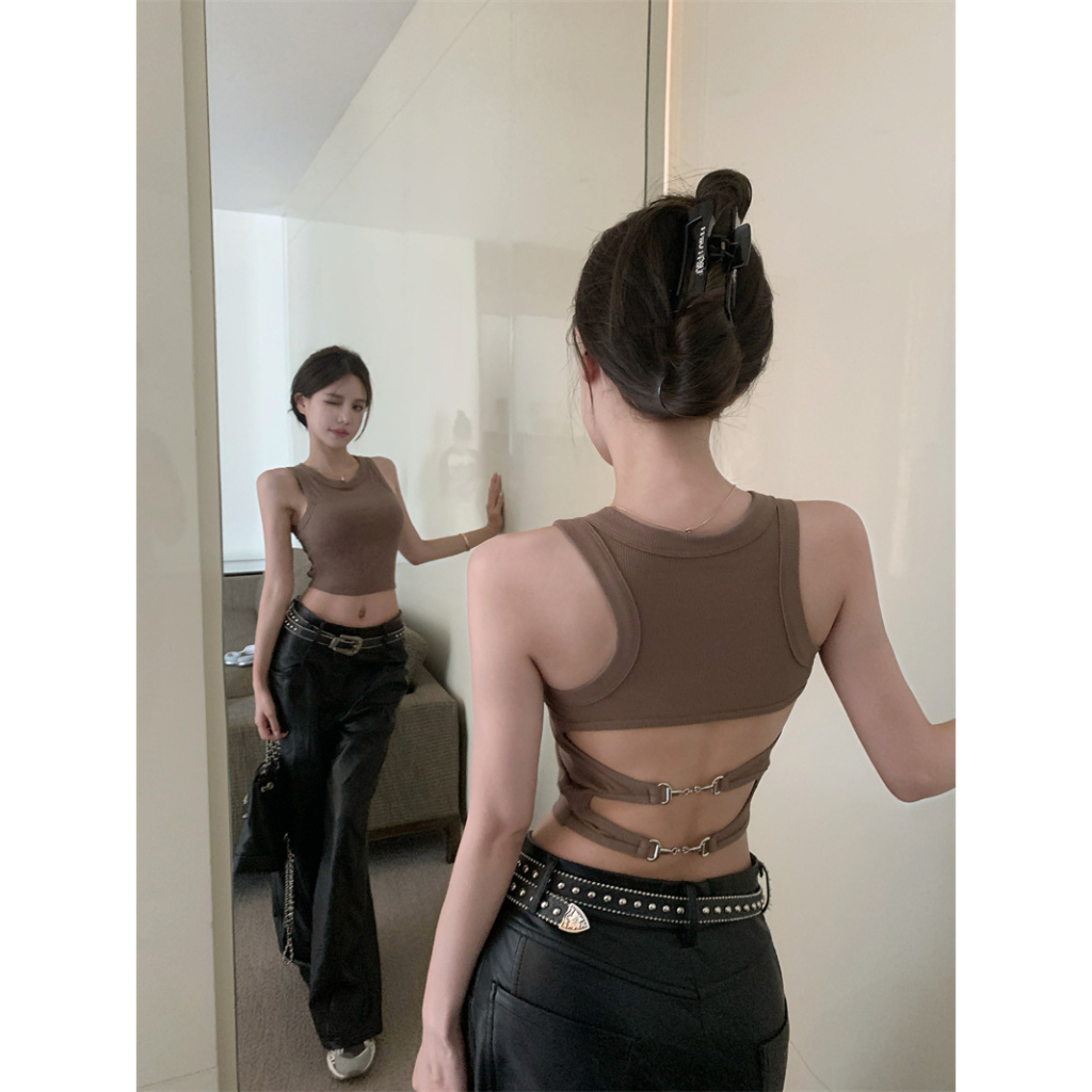 Tanktop 59 rantai strip sexy tanktop Fashion Crop Top Wanita Atasan Rajut Backless Wanita dengan Cup