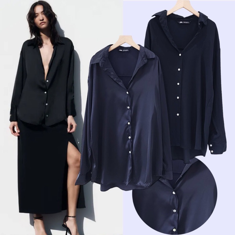 [3variasi] ZARA 707 Flowy Shirt - Baju Atasan Kemeja Kerja Hitam Polos Lengan Panjang Wanita Branded