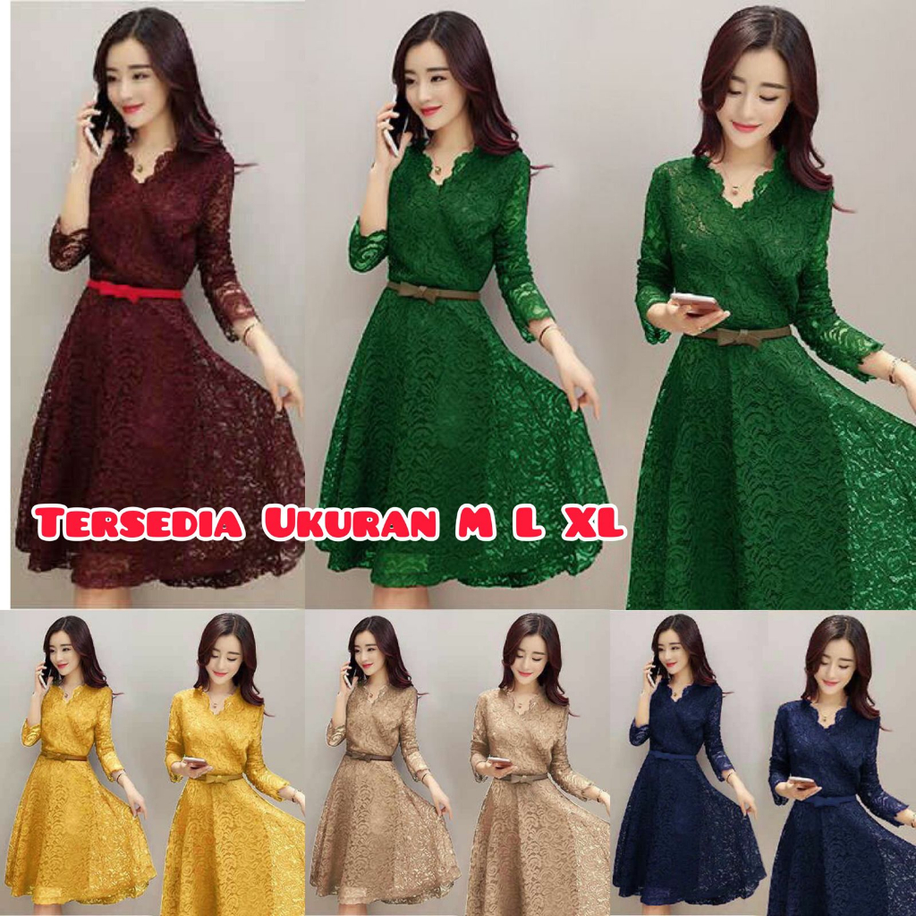 Midi Dress Korea Kondangan Wedding Dress Korean Style Dres Brukat Lengan 7/8 Panjang Baju Pesta Wani