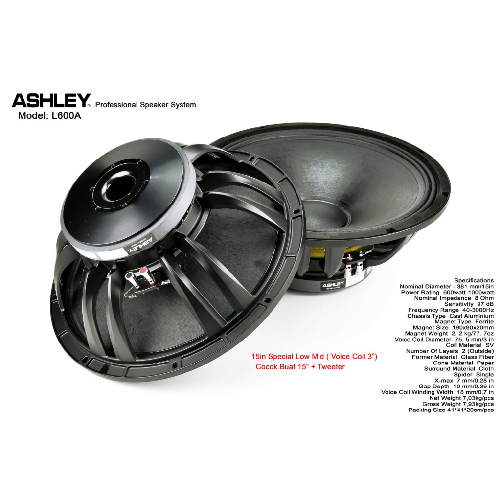 SPEAKER ASHLEY L600A 15 INCH 1000 WATT MID LOW L600A ASHLEY