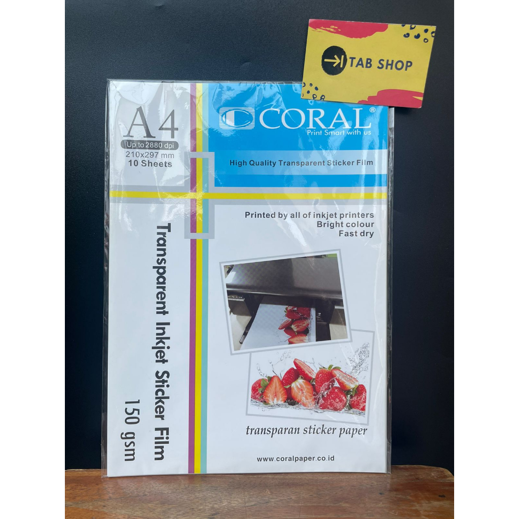 

TAB SHOP - CORAL TRANSPARENT INKJET STICKER PAPER FILM 150 GSM 10 SHEETS - CORAL KERTAS STICKER TRANSPARENT INKJET FILM