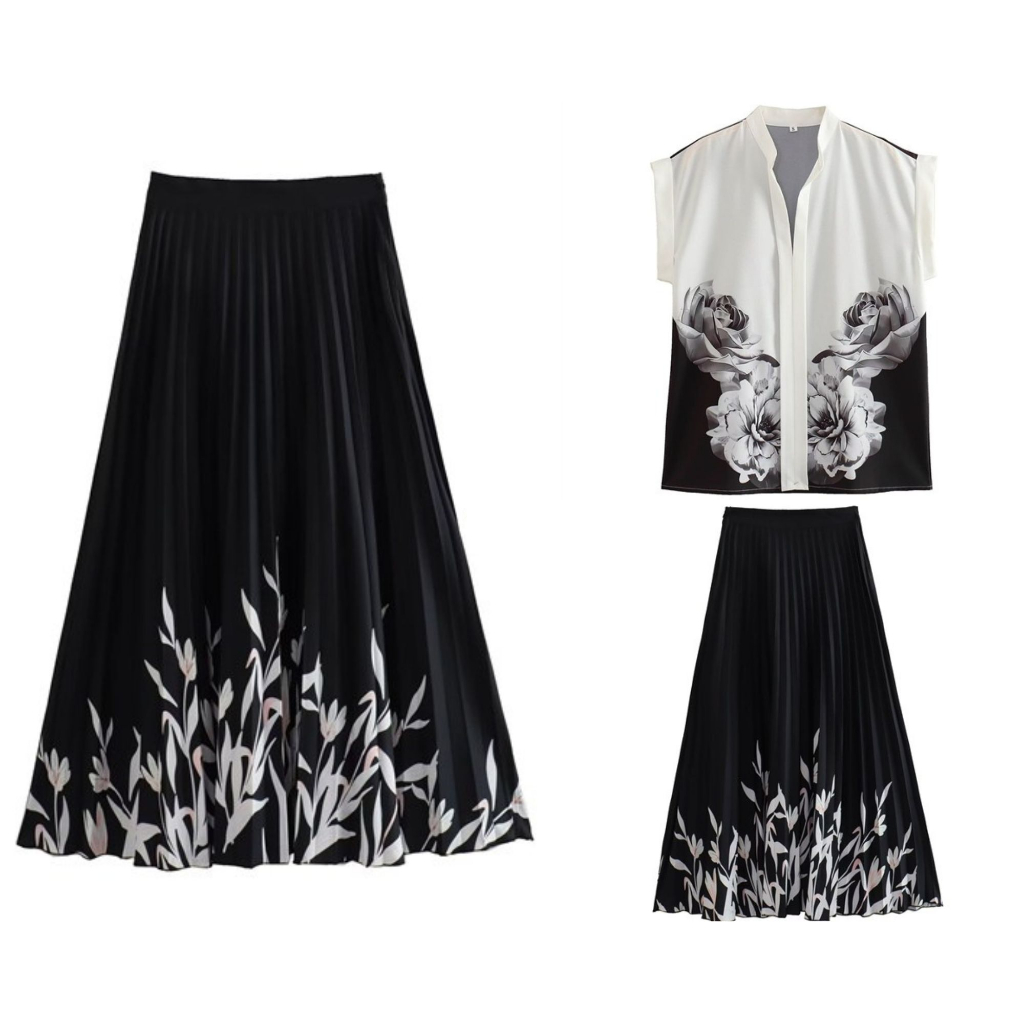 Setelan Wanita Kemeja Rok One Set Hitam Putih