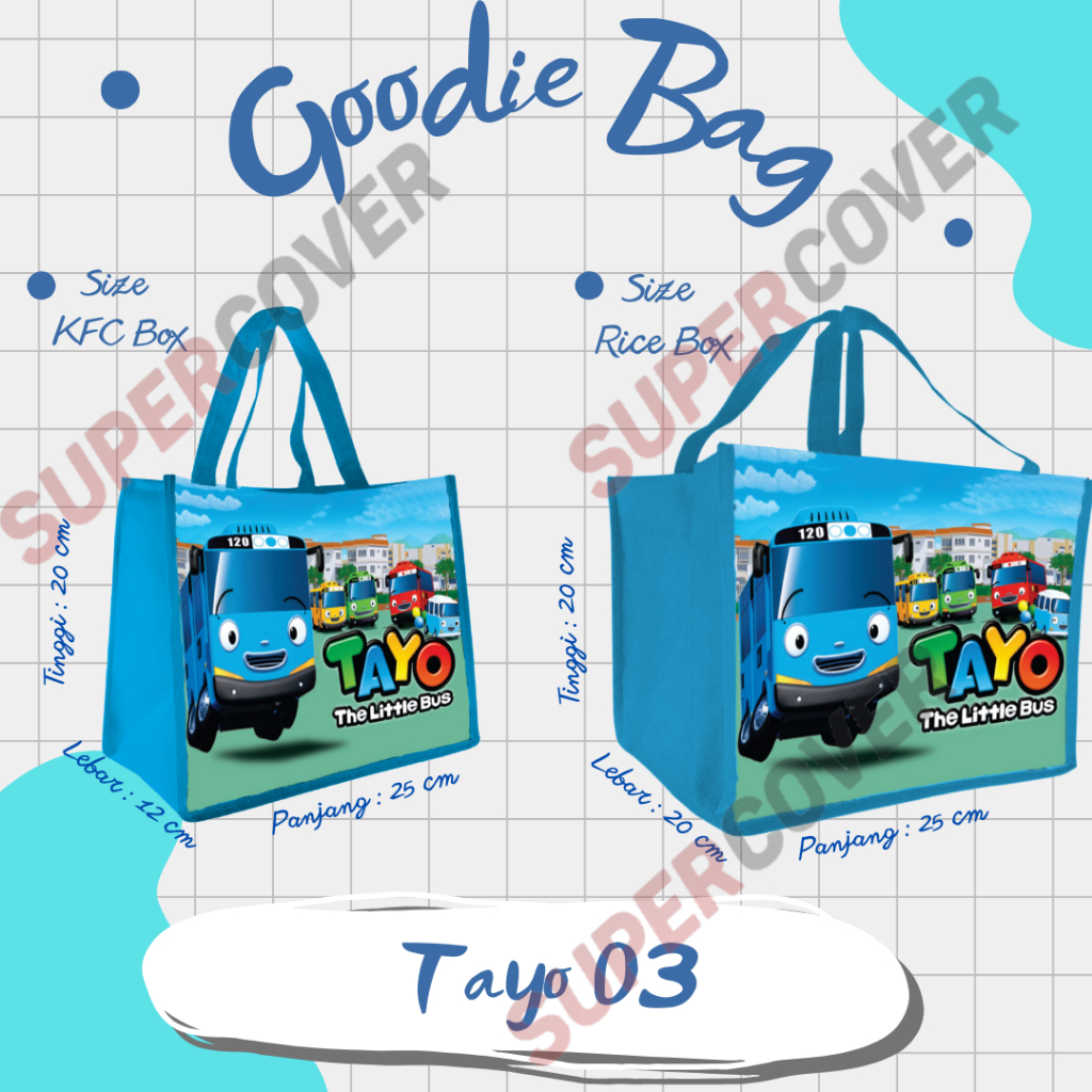 

Goodie Bag Gambar Kartun Karakter Tayo 03 Warna Biru Muda Termurah Dan Terlaris Untuk Acara Ulang Tahun, Aqiqah, Sunatan Dan Lain lain.