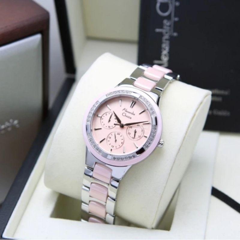 Jam Tangan Wanita Alexandre Christie AC 2299 BF AC2299 2299BF Pink Silver Pink Ceramic Original 35mm