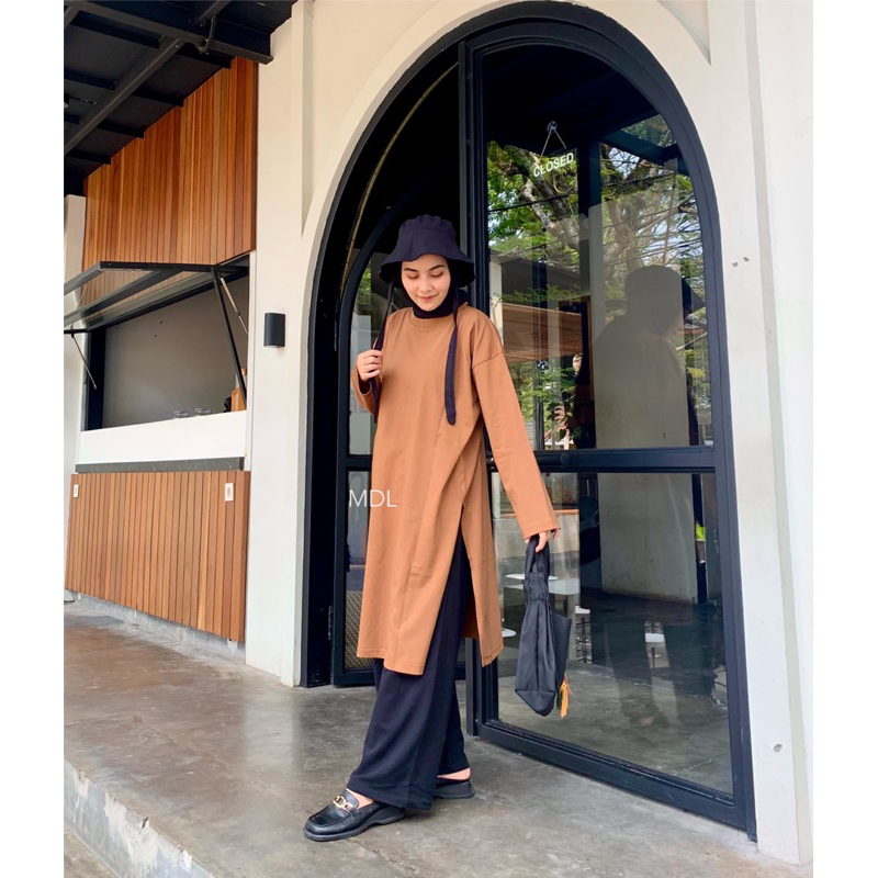 NUNA SLIT DRESS KAOS COTTON COMBED JUMBO OVERSIZED POLOS LENGAN PANJANG MURAH GROSIR PGMTA