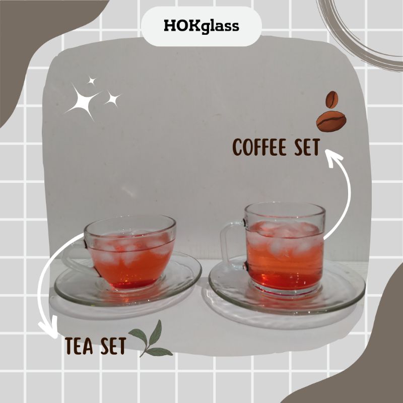 Cangkir Tatak dan Tatakan Polos Bening Kaca Set isi 6 pcs | Cangkir Bulat Polos | Tatakan Kaca Polos