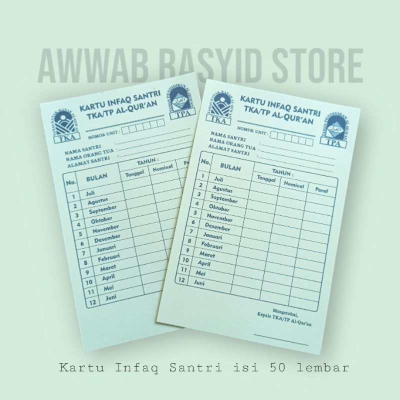 

ISI 50 LEMBAR KARTU INFAQ SANTRI TKA/TP AL-QUR'AN
