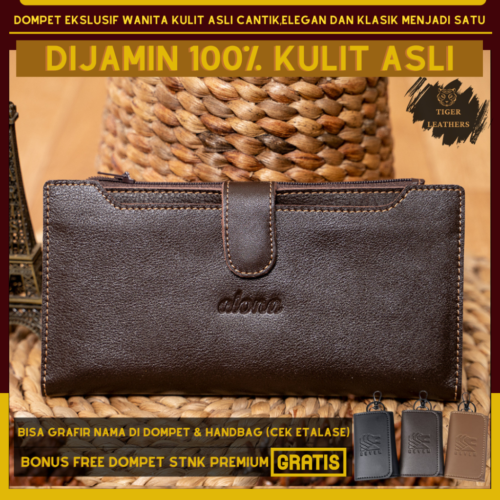 Tigerleathers - Dompet Kulit Asli Wanita Panjang Wanita Lipat Kartu Kulit Jeruk