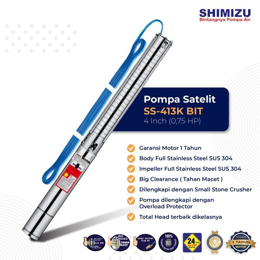 3/4 HP - Pompa Submersible Shimizu Casing Sumur 4" tenaga 3/4 HP + Control box + Kabel 50 meter Pomp
