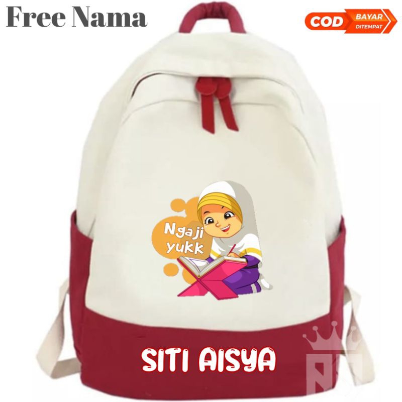 (FREE NAMA) Tas Backpack Ransel Anak Mengaji/Sekolah TK-SD Motif Karakter Ayo Ngaji