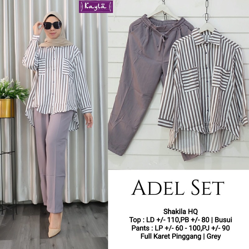 ADEL SET • KAYLA • SETELAN KEMEJA BLOUSE SALUR MOTIF GARISA DAN CELANA WANITA BASIC POLOS