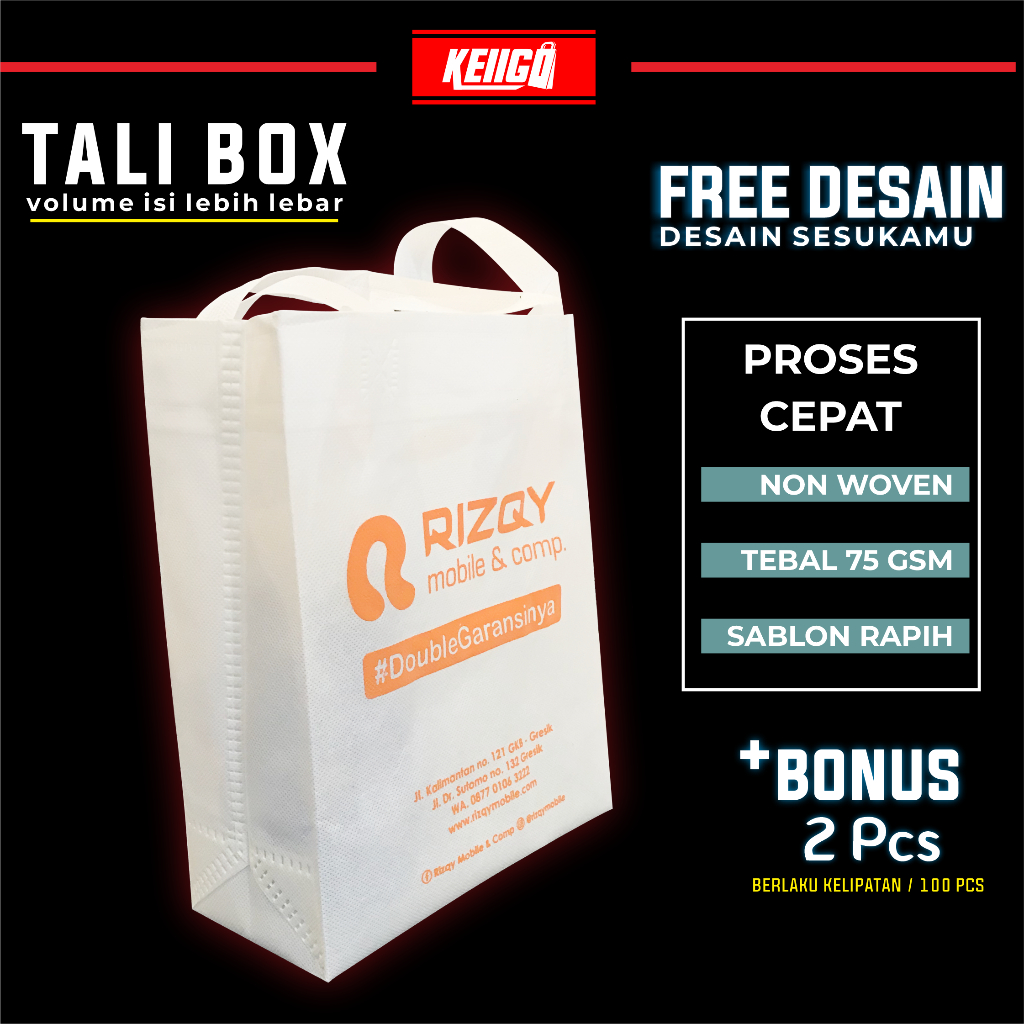 

SABLON TAS SPUNBOND TALI BOX (bukan lipat samping) - 20x30x10 CM - Custom Goodie bag