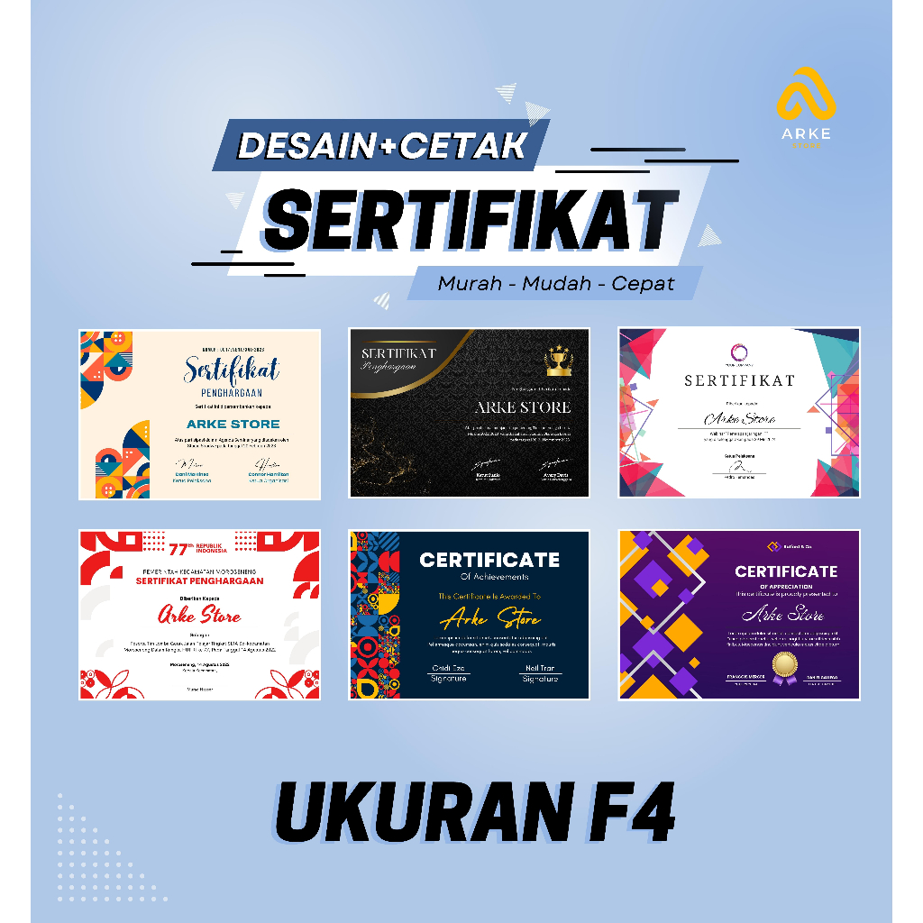 Sertifikat Piagam Custom Berkualitas dan Ekonomis Kertas F4 Kertas BC 200 gr