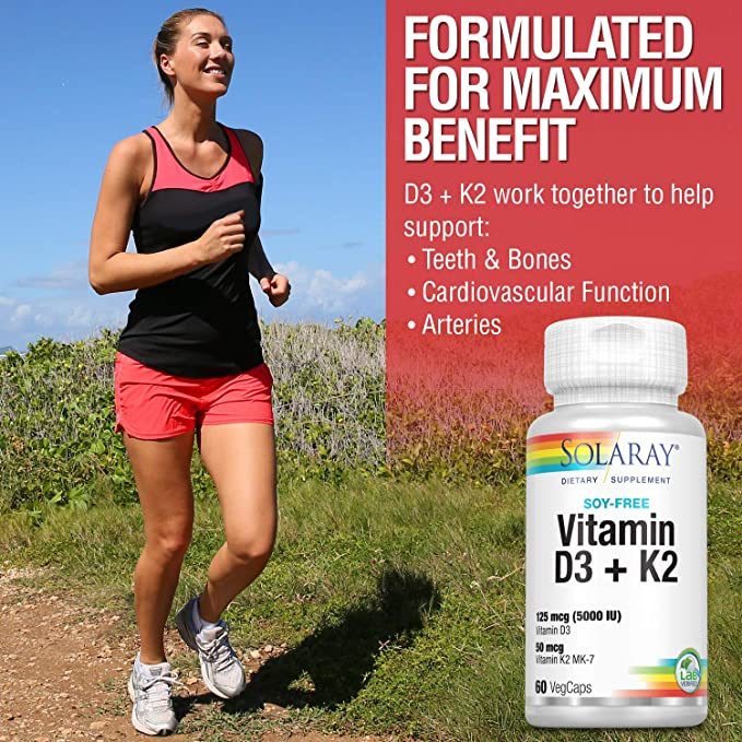 SOLARAY Vitamin D3+K2 Vit D3 5000IU Vit K2 MK7 50mcg 60 VegCapsules