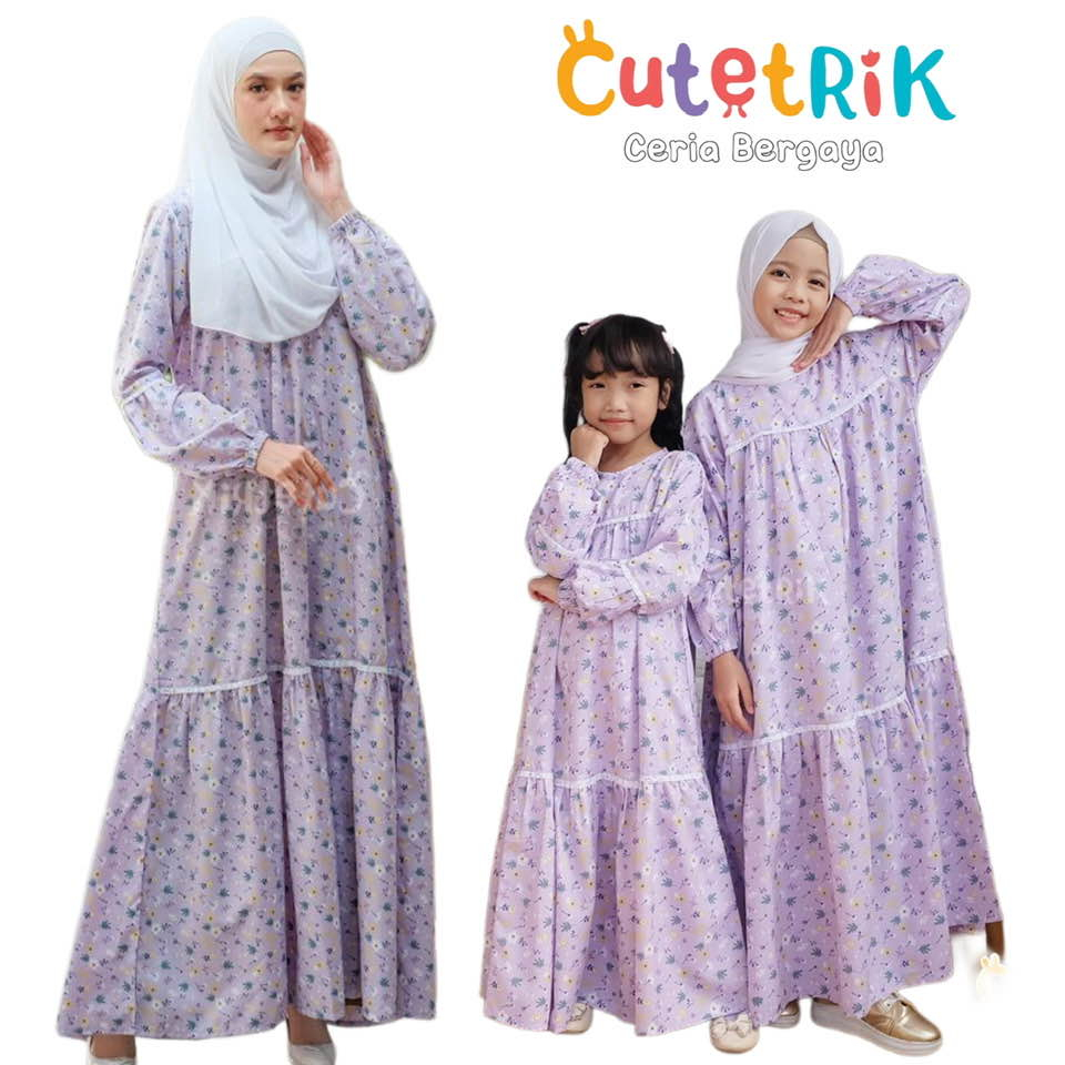Baju Muslim Gamis Katun Couple Ibu Anak Cutetrik Yufa Dress I Ungu Biru