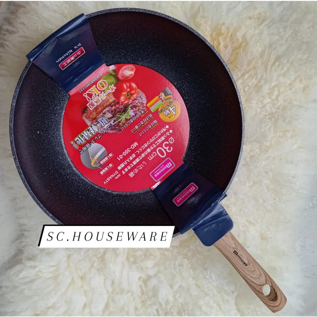 [ DISKON VOUCHER s/d 80% LIVE XTRA ] Deep Wok Fry Pan Minowa Keramik Dalam Marble 20cm | 24cm | 26cm