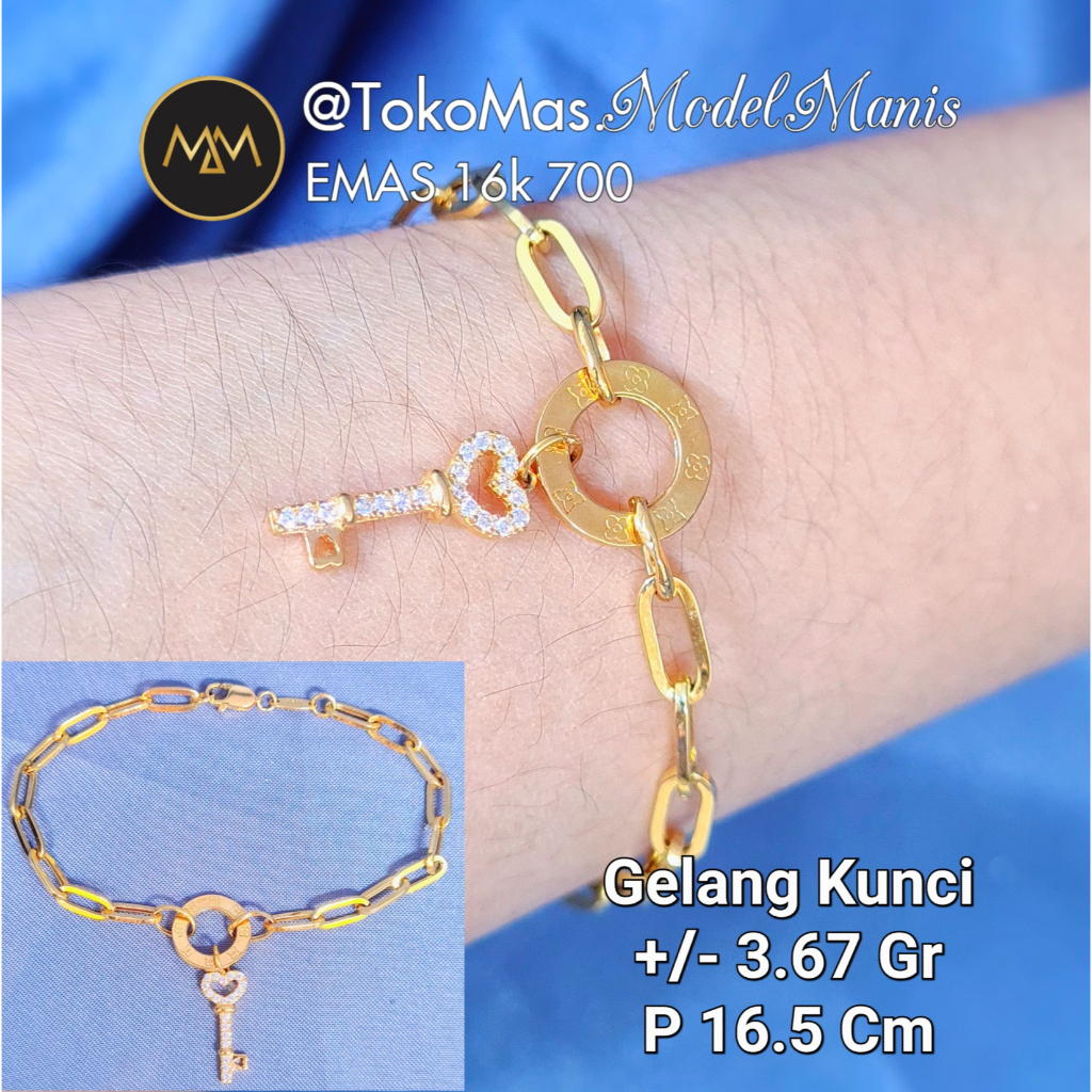 Gelang Paper Clip Variasi Gembok Kunci emas kuning 700 kadar 16k