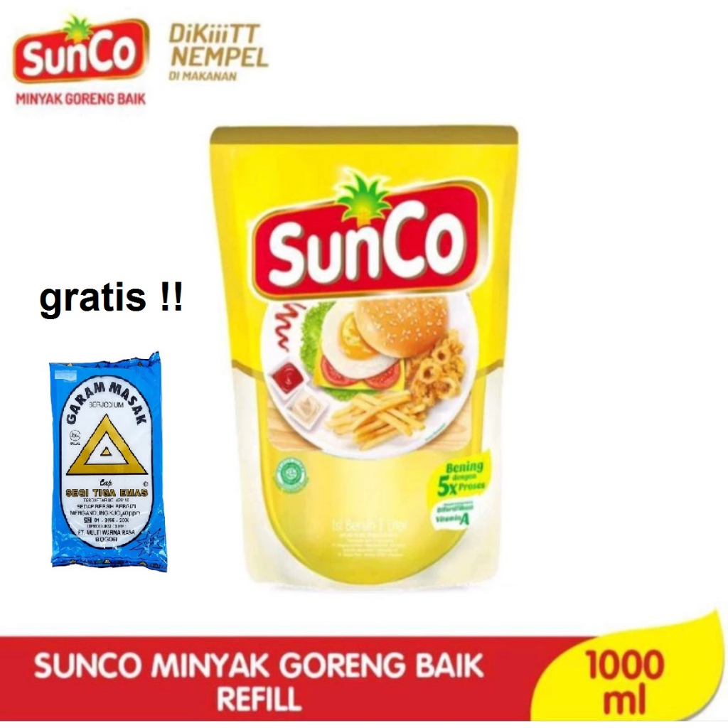 

minyak goreng sunco 1 liter gratis garam cap segi tiga