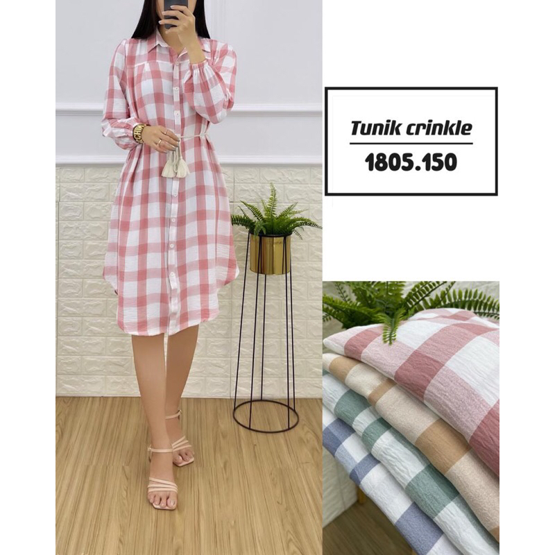 (𝐓𝐄𝐑𝐁𝐀𝐑𝐔) Tunik Wanita Kotak Besar Ukuran 3/4 Selutut Warna Random Bahan Katun Crinkle Motif