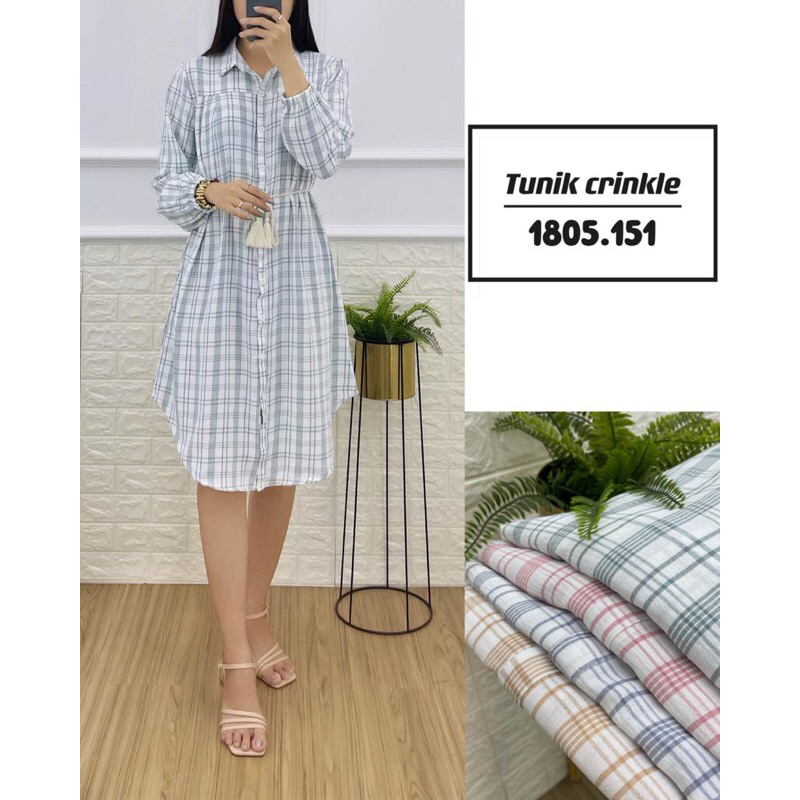 (𝐓𝐄𝐑𝐁𝐀𝐑𝐔) Tunik Wanita Garis Kotak Dobel Ukuran 3/4 Selutut Warna Random Bahan Katun Crinkle Motif