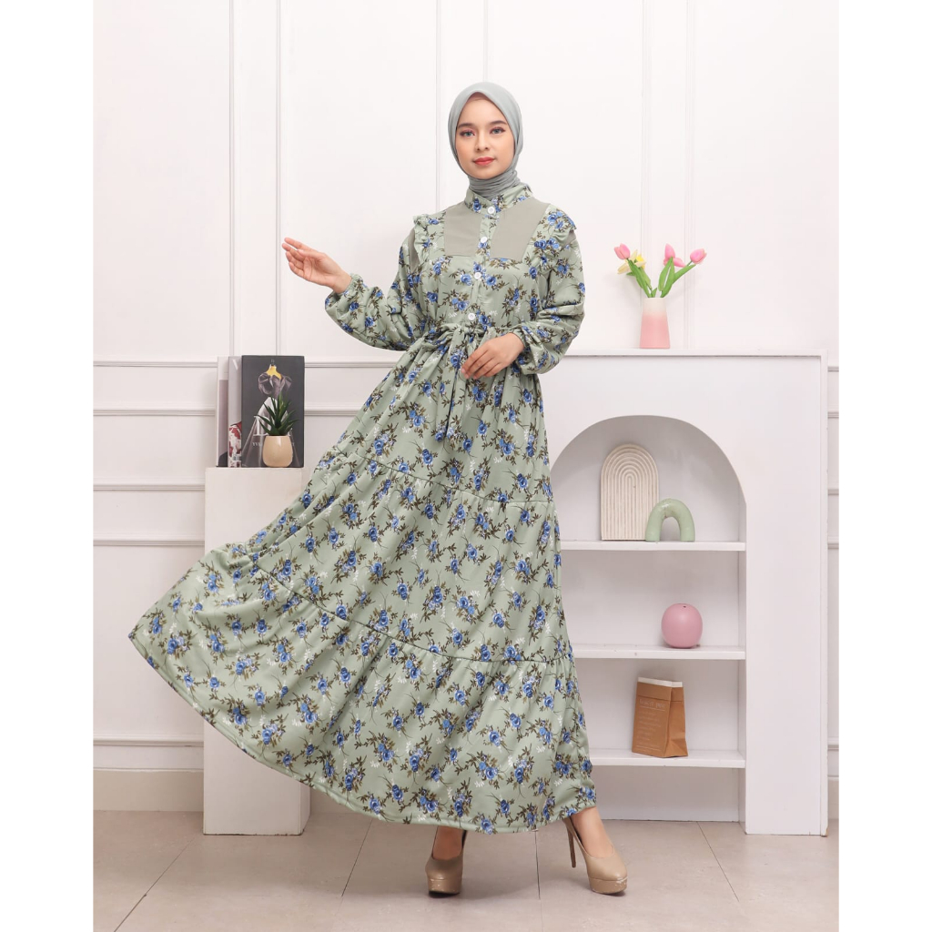 Inara Dress Baju Gamis Muslim Wanita Overall Dress Mayung Jumbo Busui Friendly Motif Bunga Rempel Pa