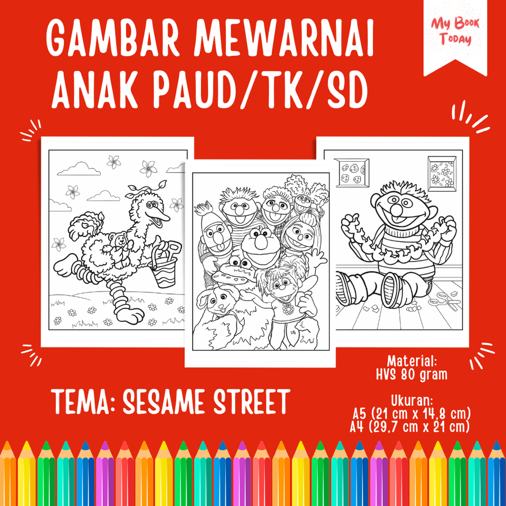 

[My Book Today] Lembar Kertas Sketsa Gambar Mewarnai untuk Anak Sekolah PAUD TK SD Tema Sesame Street