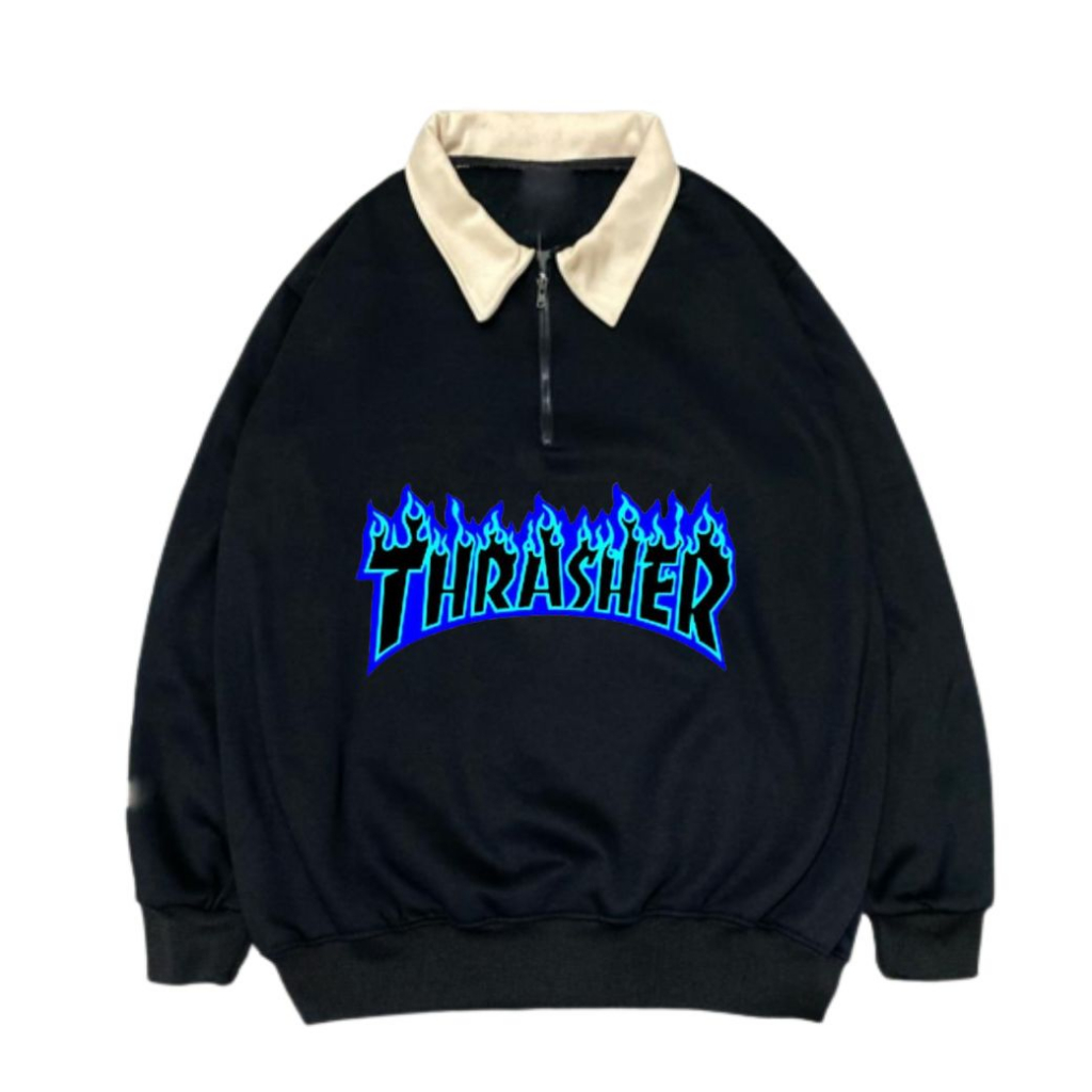 Thrasher Font Biru Jacket Sweater Crewneck Vintage Halpzif Black Original